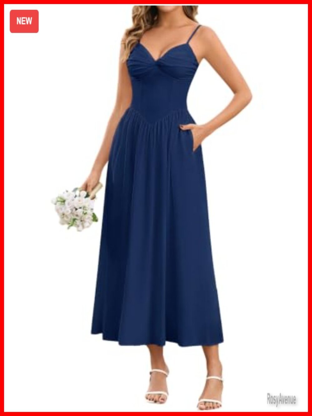 Women's Floral Midi Dress with Pockets Flowy A-Line Summer Wedding Guest